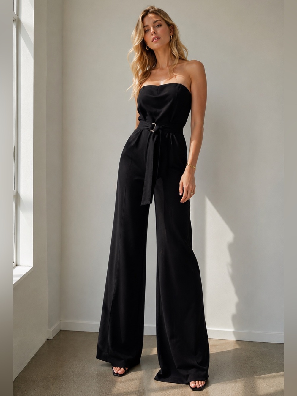 QUE Black Strapless Belted Wide-Leg Jumpsuit – Size 36